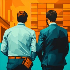 Two men in business attire stand together, facing an orange-hued background.