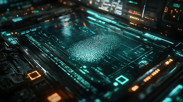 Close-up of a fingerprint being scanned on a forensic computer screen, holographic data analysis with biometric details and encryption symbols,