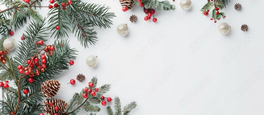 Poster top down view of festive christmas decorations on a blank white backdrop ideal for adding text simpl