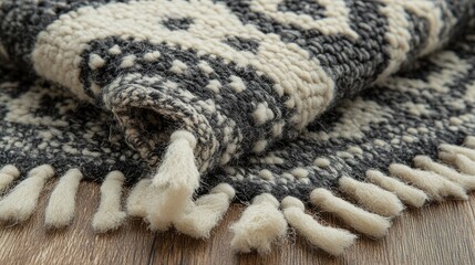 Intricate patterned woven rug with fringe on wooden surface