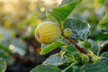 Obraz premium A close-up of a fig tree in a lush garden displaying a ripening fig fruit covered with delicate dew under the soft sunlight at dawn