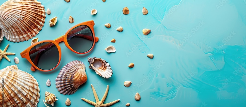 Poster summer themed sunglasses placed on a background featuring a seashell with ample blank space for text