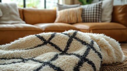 Cozy living room with warm blanket draped over a sofa