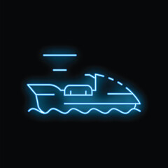 Blue neon sign of a cargo ship sailing on water, leaving a wake behind it and with speed lines above to emphasize its movement