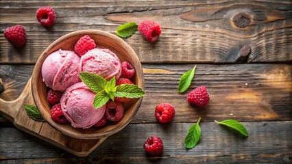 Aerial image of delicious raspberry ice cream dessert in rustic bowl perfect for summer indulgence and culinary photography