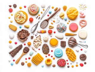 Colorful assortment of various sweets and desserts arranged on a white background. Includes cupcakes, macarons, cookies, and candies.