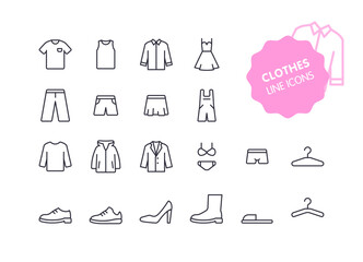 Set of 20 linear editable icons on the theme Clothing. Vector illustration.
