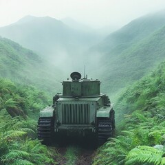 Fototapeta premium A tank in a misty valley surrounded by lush greenery.