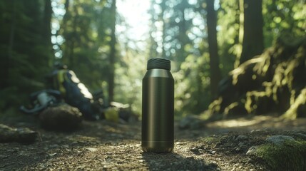 Adventurous Exploration: Insulated Water Bottle on Hiking Trail with Climbing Gear and Forest Backdrop
