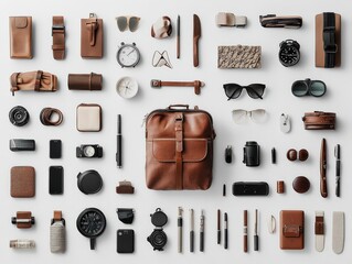 Flat lay of stylish men's accessories organized neatly, featuring leather items, watches, sunglasses, and everyday essentials on a white background.