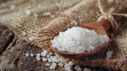 A wooden spoon filled with sea salt on a table, often used in cooking or as a decorative item