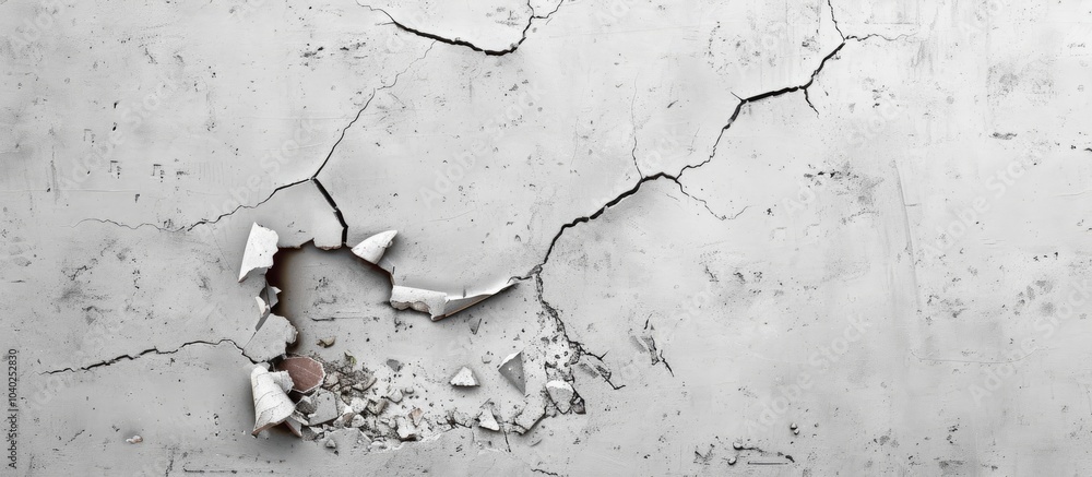 Poster white concrete wall with cracks and a grey cement surface serves as a backdrop for a copy space imag