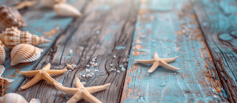 Poster table with sea shells and starfish ideal for a summer theme offering abundant copy space image for t