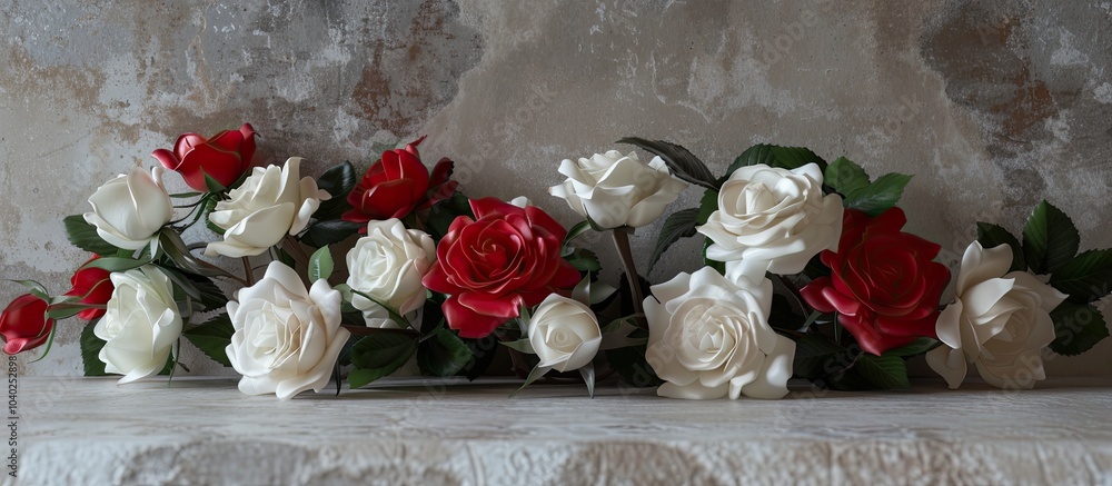 Poster roses in red and white colors beautifully arranged on the table facing each other creating a lovely 