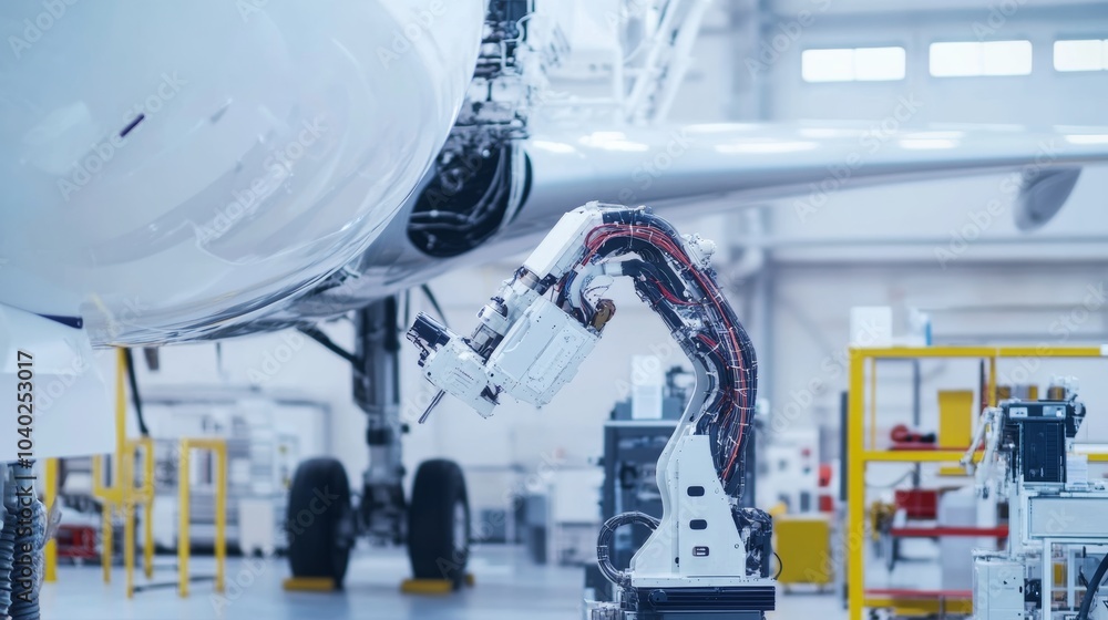 Poster a robot performing precision repairs on advanced aerospace equipment in a clean, high-tech workshop 
