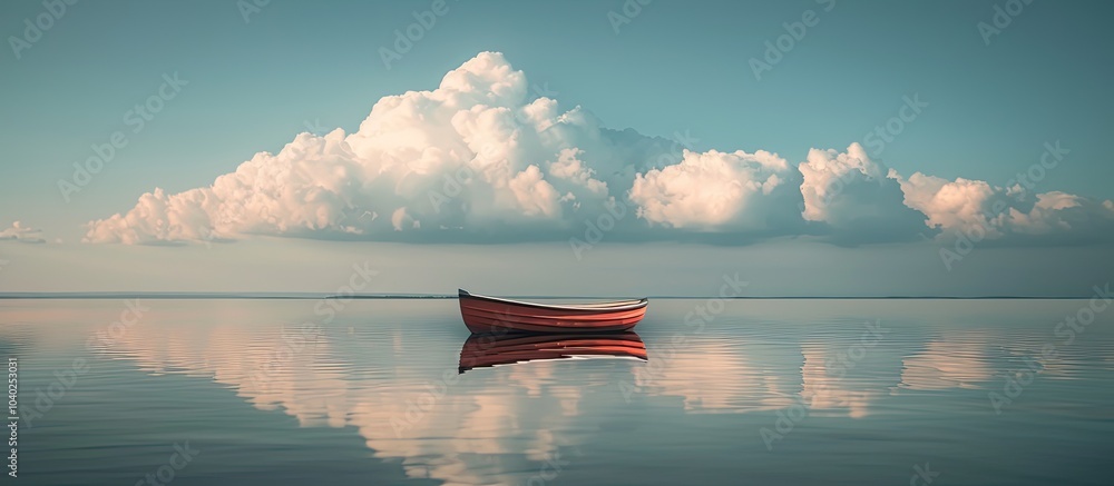 Poster a vast cloudy sky looms over a lake with a boat in the forefront creating a serene scene with copy s