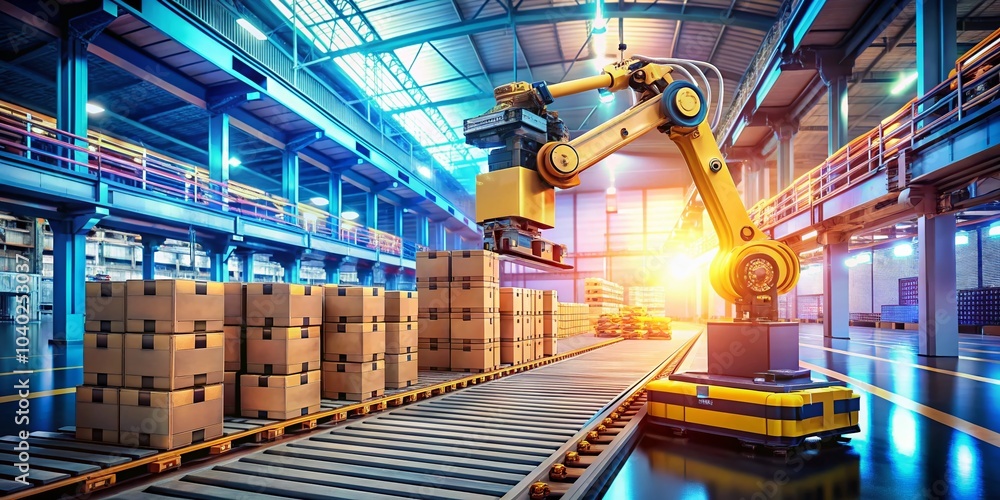 Poster smart factory automation with palletizing robot in action - macro photography of advanced technology