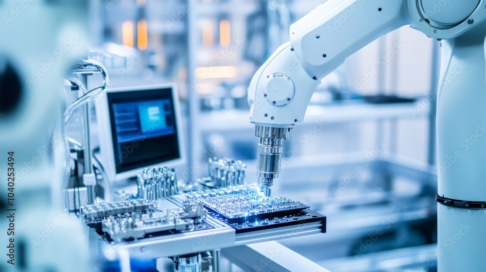 Poster a robot performing precision soldering in a clean, modern electronics manufacturing plant with organ