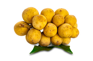 View of ripe Lonkong (Lansium parasiticum) fruit and green leaves isolated on white background with clipping path.