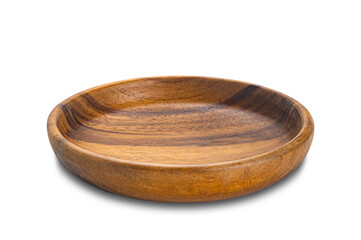 High angle view of empty beautiful pattern wooden dish isolated on white background with clipping path.