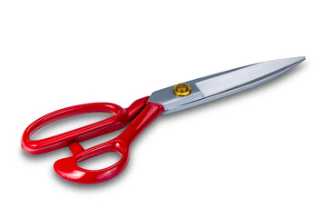 High angle view new red handle stainless steel scissors isolated on white background with clipping path.