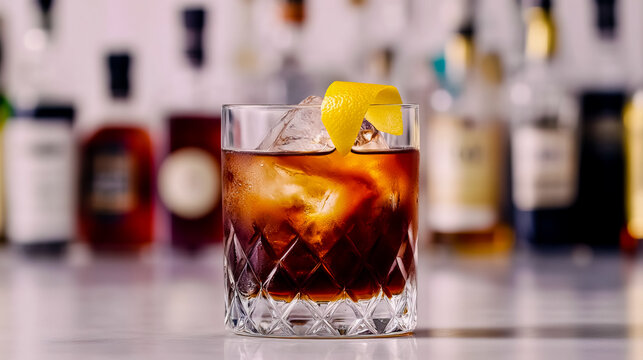 The Lenny cocktail, presented in a stylish rocks glass, with a rich, dark color and garnished with a twist of lemon.