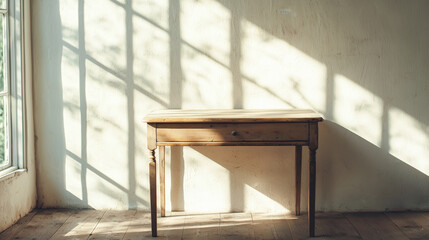 A striking scene featuring a vintage wooden table with a single drawer, showcasing its rustic design and worn charm, representing antique furniture with a story to tell. photo