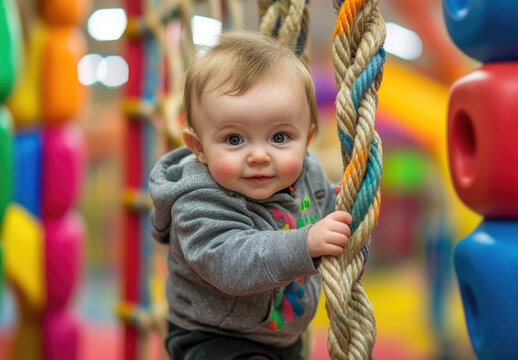 A cute baby boy is climbing on the rope puzzle in an indoor playground, wearing casual and black pants