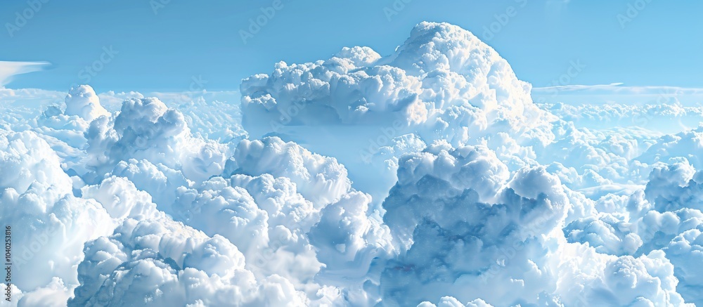 Poster dynamic cloudscape featuring white fluffy clouds forming before a summer thunderstorm on a blue sky 