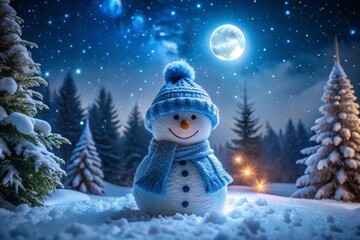 Obraz premium Smiling Snowman in Winter Wonderland: Night Photography of a Joyful Scene in a Snowy Forest