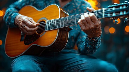 Obraz premium Skilled guitarist playing acoustic guitar with warm lights in background