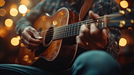 Obraz premium Close-up of hands playing acoustic guitar with warm bokeh background