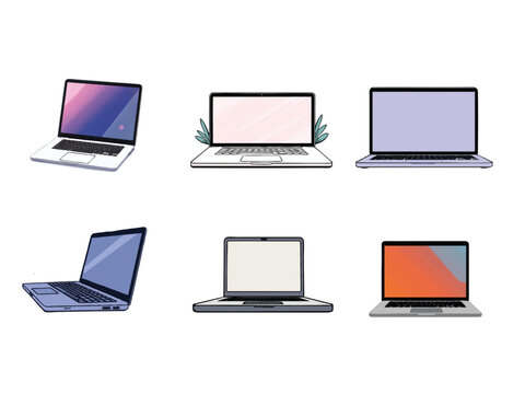 Vector illustration of six different laptops in various styles