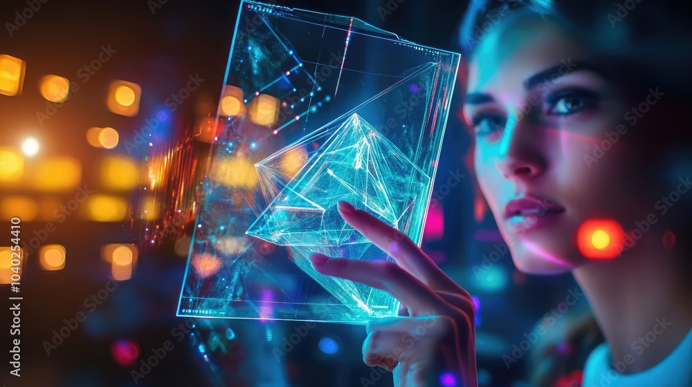 Poster high-tech holographic display with a 3d object in focus
