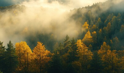 Misty Autumn Forest with Golden Trees at Sunrise