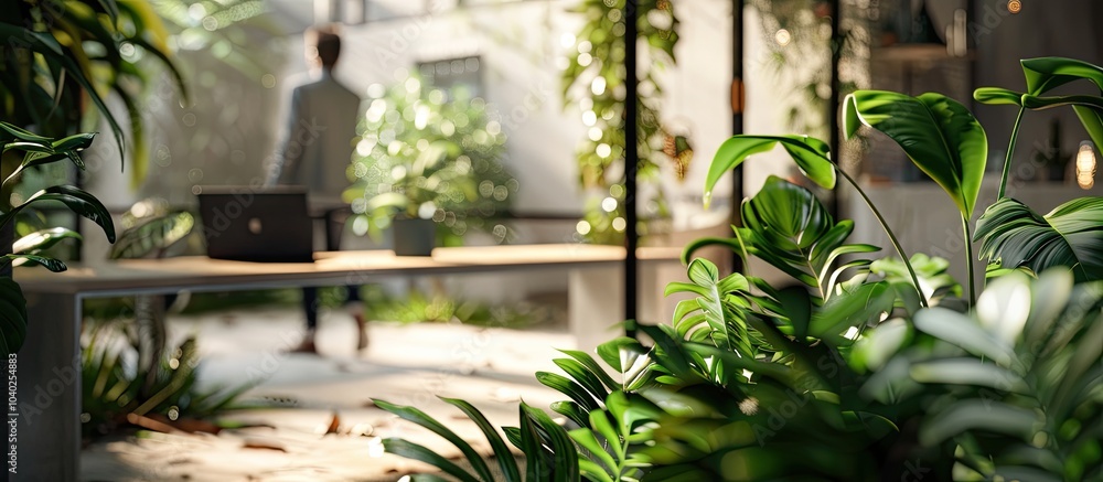 Poster a serene modern apartment with lush greenery suitable for remote work featuring a close up of a lapt
