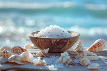 A decorative arrangement of sea salt and shells on a natural wooden table
