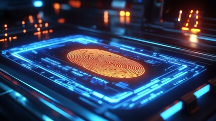 Digital fingerprint scanning process, holographic biometric interface floating above a sleek scanner, neon lights reflecting on metallic surfaces, futuristic control room setting,