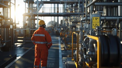 A worker in an oil and gas facility, wearing safety gear like a hard hat and a high visibility safety coverall with reflective stripes