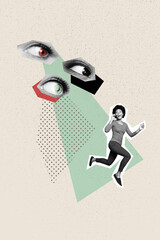 Composite trend artwork image photo collage of silhouette young lady run talk call smartphone hacking software eyes watch spy scrutiny