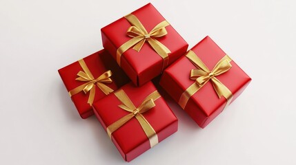 Four red presents with golden ribbons on white backdrop.