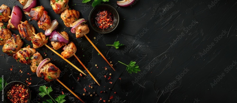 Aufkleber top view of bbq chicken shish kebab skewers shashlik with onions and spices on a black background wi