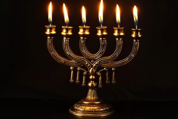 Fototapeta premium Jewish ritual object with five burning candles, often used during Hanukkah celebrations