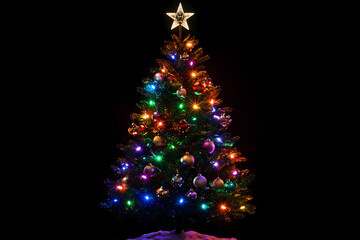 Fototapeta premium A festive illustration of a Christmas tree adorned with colorful ornaments, twinkling lights, and a shining star on top