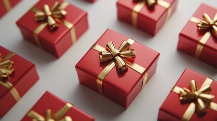 Multiple red gift boxes with gold ribbon decorations