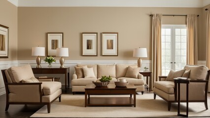 A cozy living room features beige sofas, wooden furniture, framed art, a large window, and decorative lamps, creating a warm and inviting atmosphere.