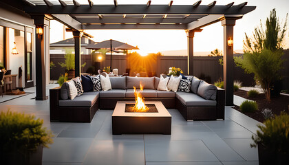 High-end outdoor living space, a backyard patio with pergola, outdoor rug, tequila bar, dining set, couch, television, pool with waterfall, umbrella, fire pit and stunning grey patio. Modern vibe.