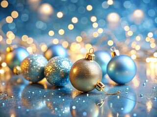 Soft Blue Background with Shimmering Golden Elements and Luminous Orbs for Festive Decor