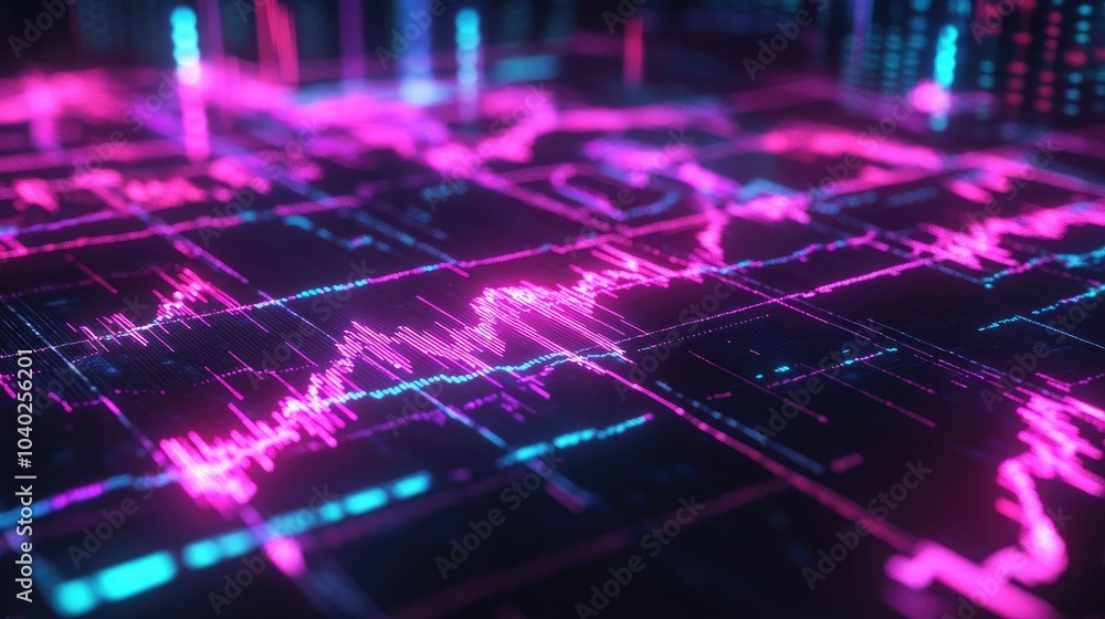 Poster abstract depiction of financial graphs and charts in neon colors