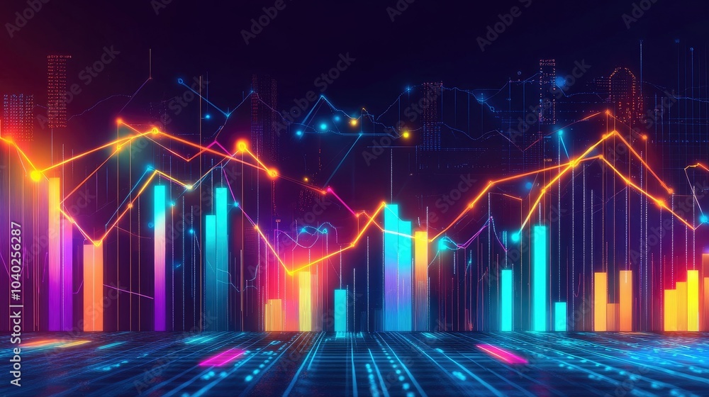 Poster abstract depiction of financial graphs and charts in neon colors